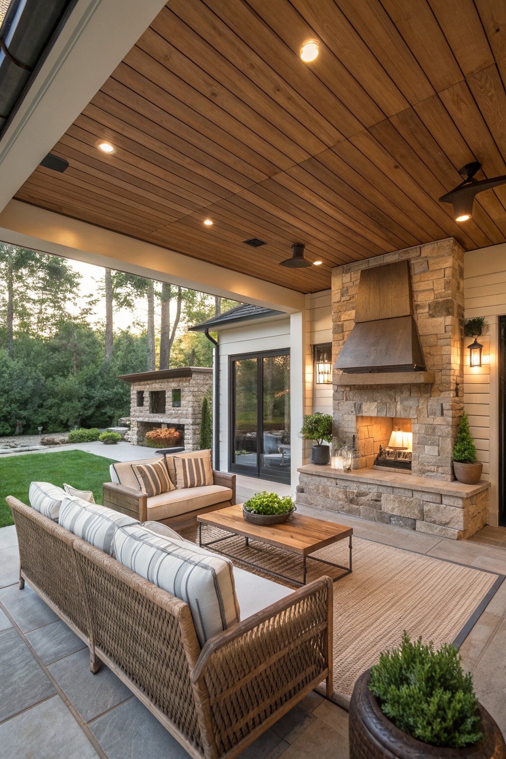 Luxurious patio with stone fireplace, wicker sofas, wooden table, and forest view