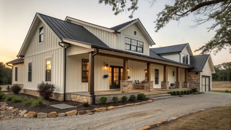A white farmhouse exterior with a covered porch supported by stone columns, black trim, and purple flowering plants along the front.