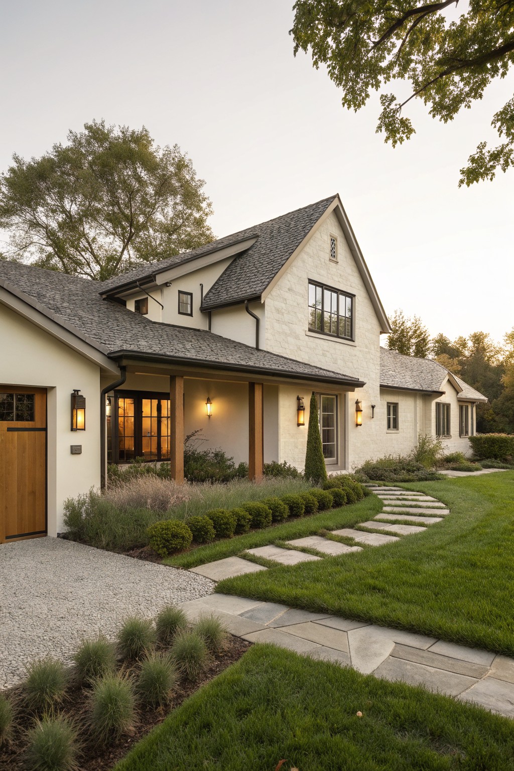 A white ranch farmhouse exterior with dark shingled roof, wooden garage door, covered porch, and a curving stone pathway through the front lawn.