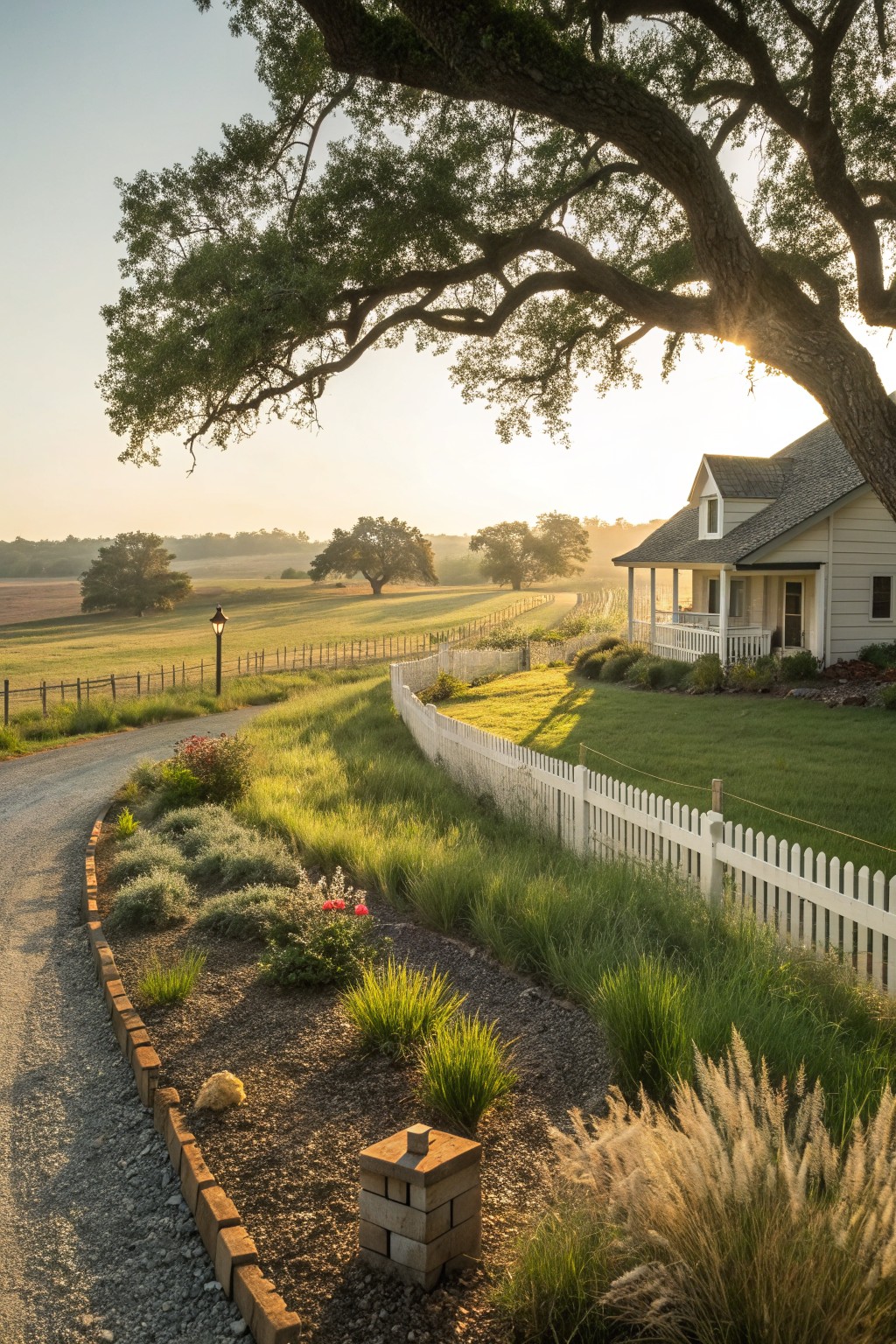 A gravel path curves alongside a white picket fence toward a light-colored ranch house, bordered by low brick edging and mixed plantings with a large tree overhead.