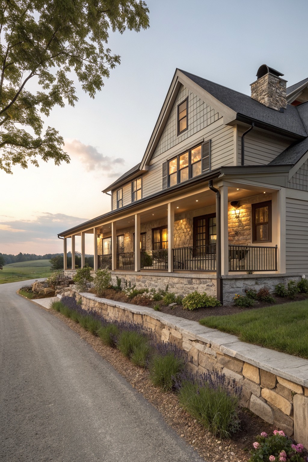 A ranch farmhouse exterior with a stone foundation, light gray siding above, a long covered porch with columns, and landscaping along a curved driveway at dusk.
