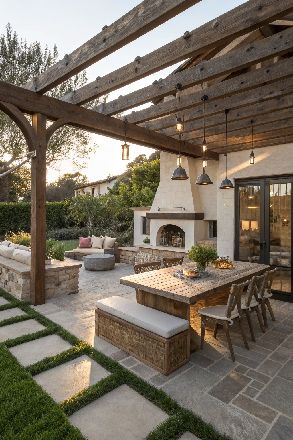 A large wooden pergola shades a long rustic dining table with bench and chairs on a stone patio beside an outdoor stone fireplace.