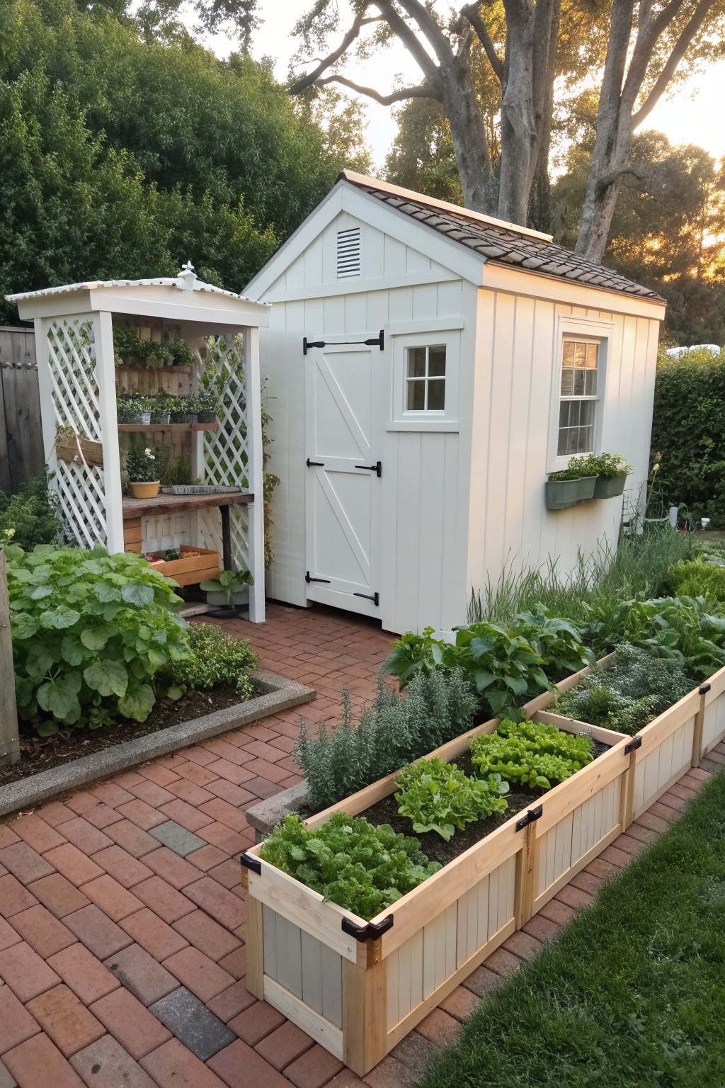 A white garden shed beside a brick path, with long wooden raised beds filled with leafy greens and herbs running along the edge.