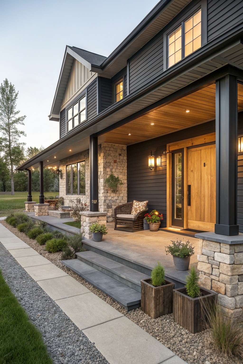 Modern dark-sided house with stone porch, wooden door, steps, and potted plants at dusk.