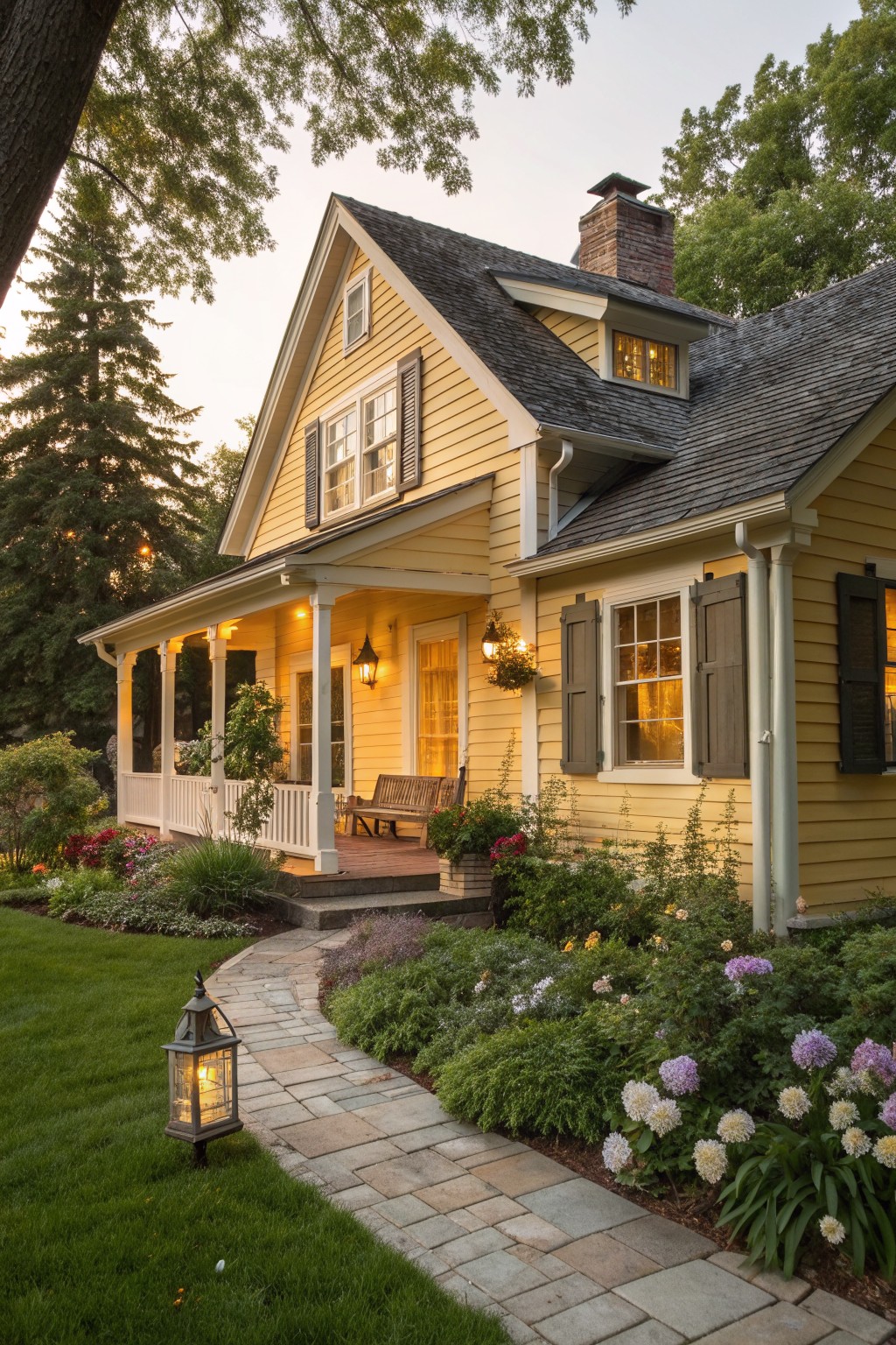 A yellow ranch farmhouse with white trim, dark shutters, a covered front porch, and a stone walkway bordered by flower beds.