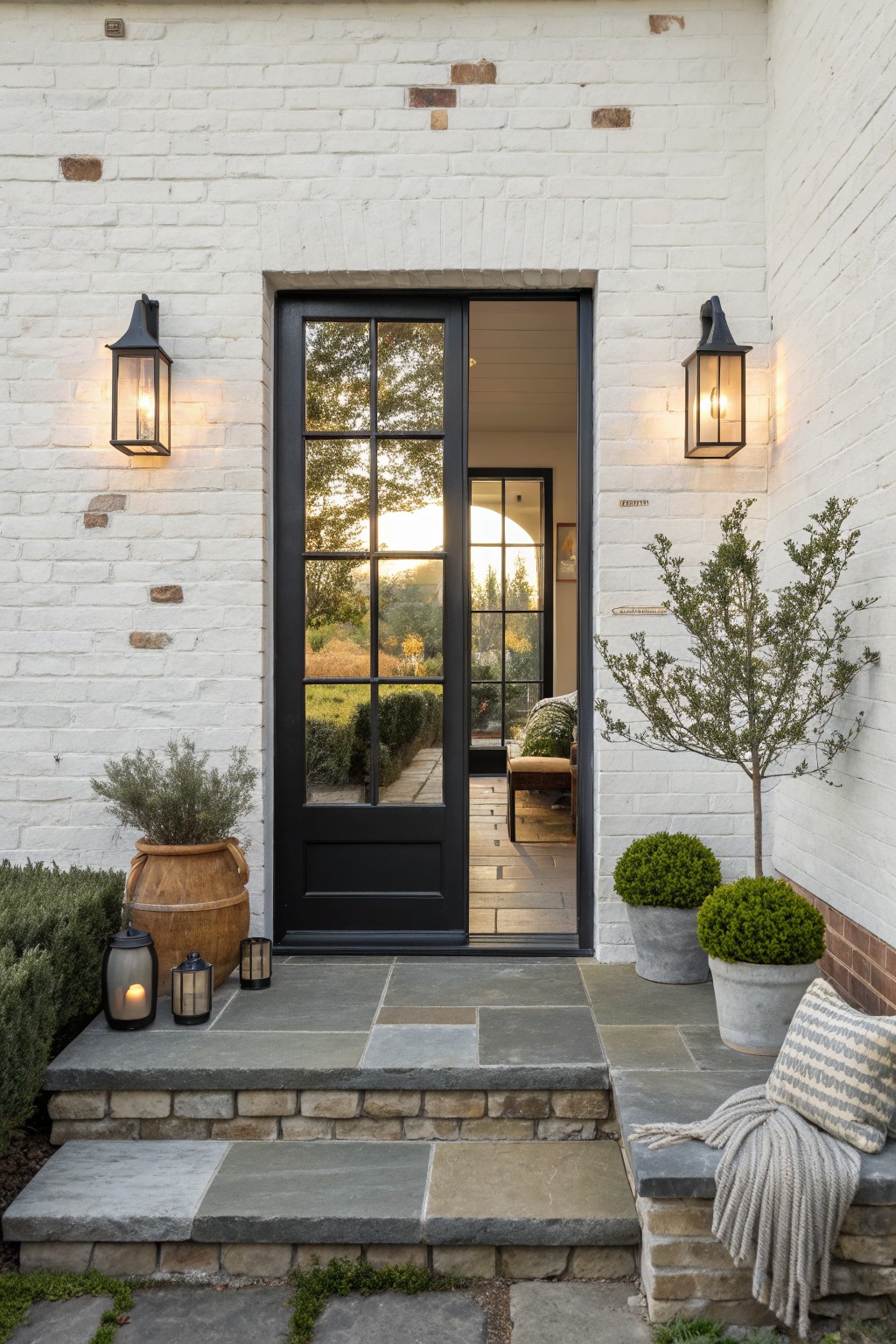 White brick house exterior with a black-framed glass door open to an interior hallway, flanked by two lit wall lanterns, stone steps, and potted plants.