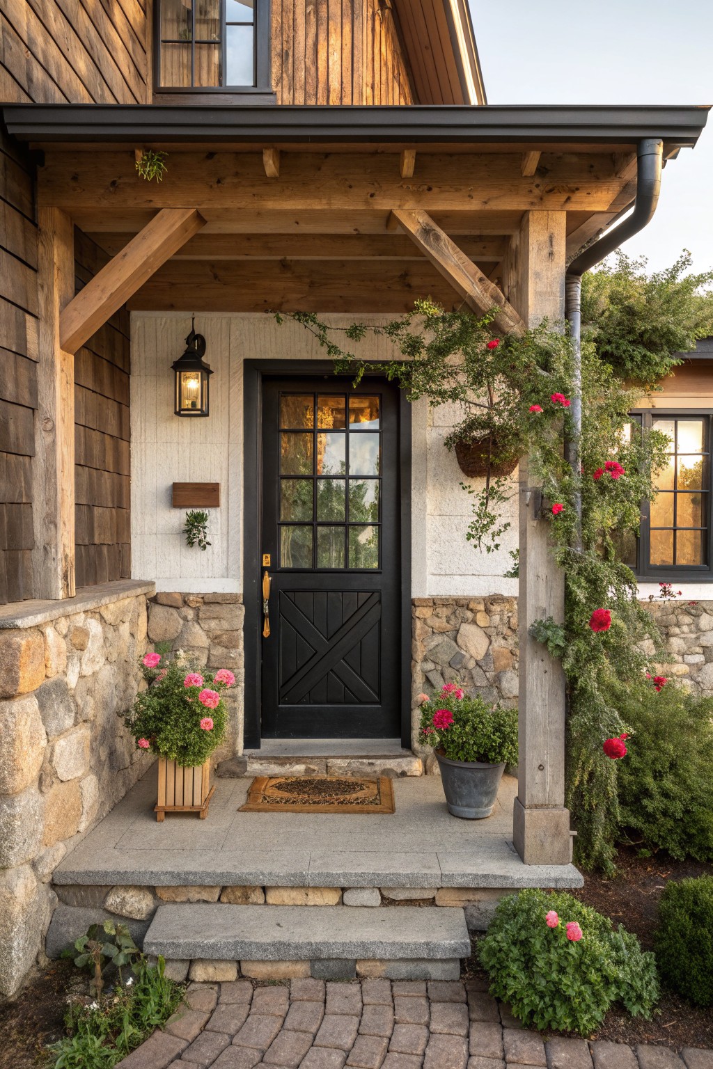 A rustic farmhouse entry features a black door with glass panes, set under wood beams with stone walls and potted flowers on the porch.