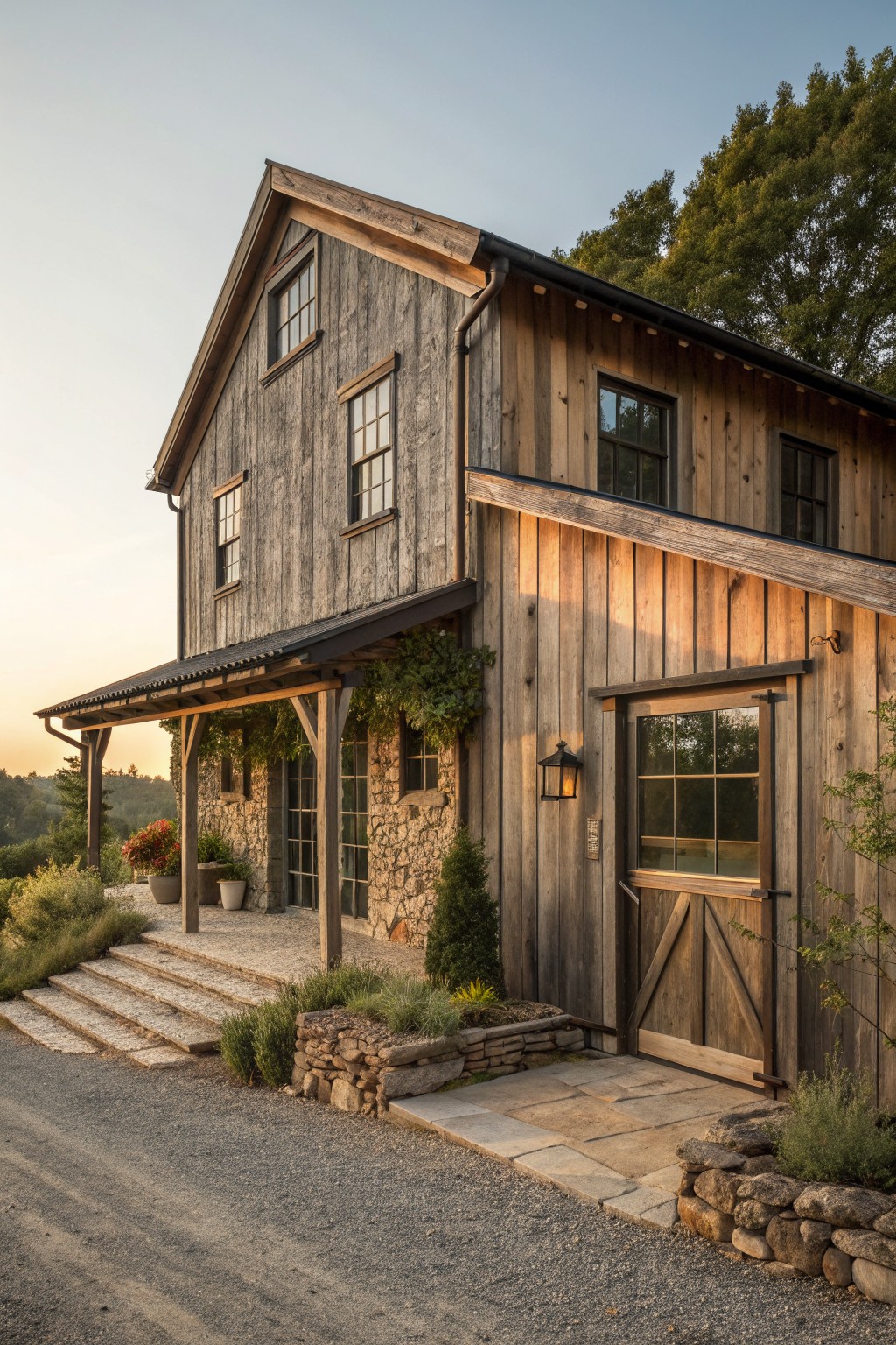 Rustic two-story wooden barn with stone base, large door, porch, and greenery