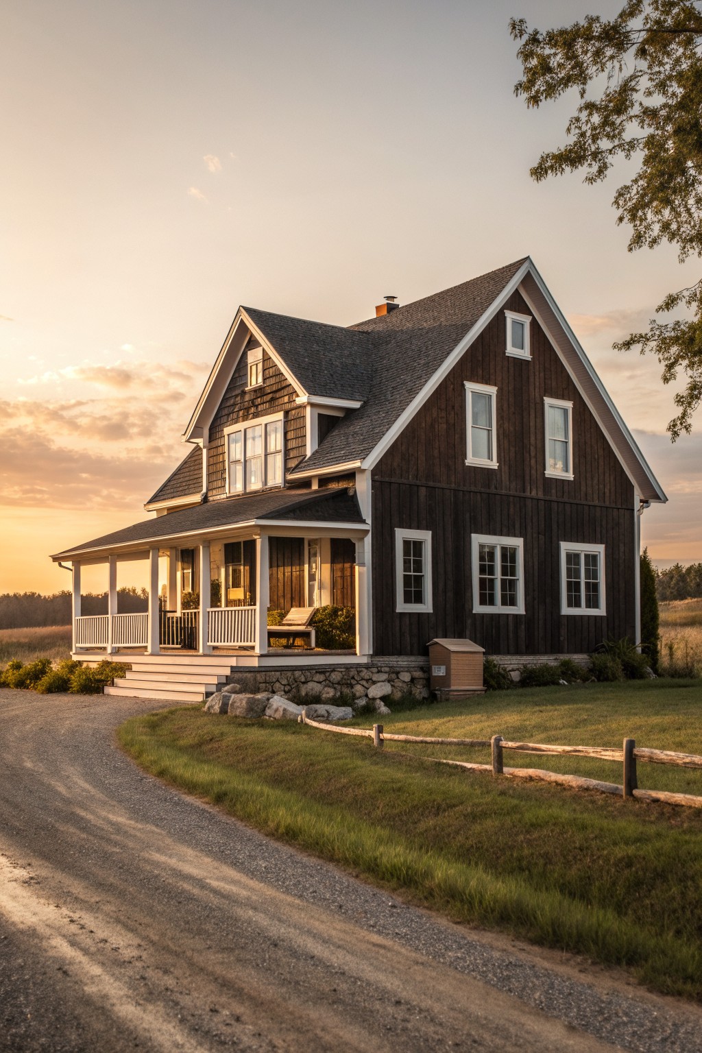 A two-story dark wood farmhouse with white trim, a wraparound porch, multiple gables, and a gravel driveway in a rural field setting.