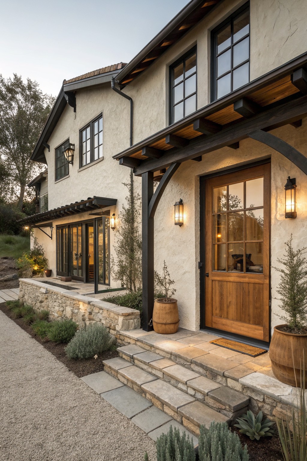 A two-story stucco house with dark wood beams, a wooden front door, stone steps, and exterior lanterns at dusk.