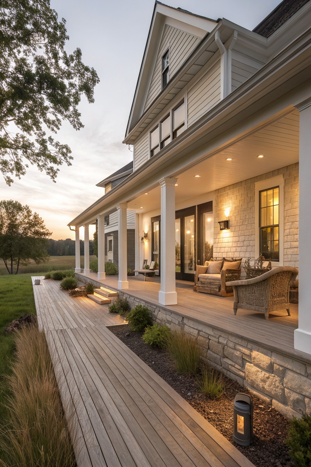 A white farmhouse with a wide covered porch, white columns, stone foundation, and a long wooden deck extending along the side at dusk with outdoor seating and lights on.