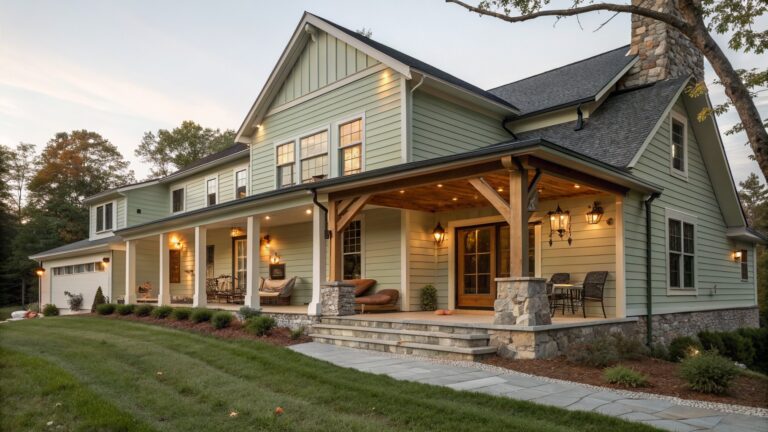 17 Creative Rustic Farmhouse Remodel Ideas for Dated Country Facades A two-story farmhouse with light green vertical siding, stone accents on the porch and lower walls, a wooden front door, and a gravel driveway leading to stone steps.