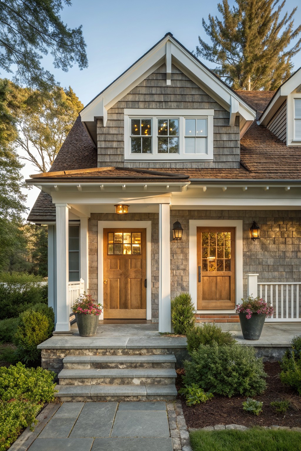 Gray shingled house with white porch, twin wooden doors, potted flowers, and stone steps.