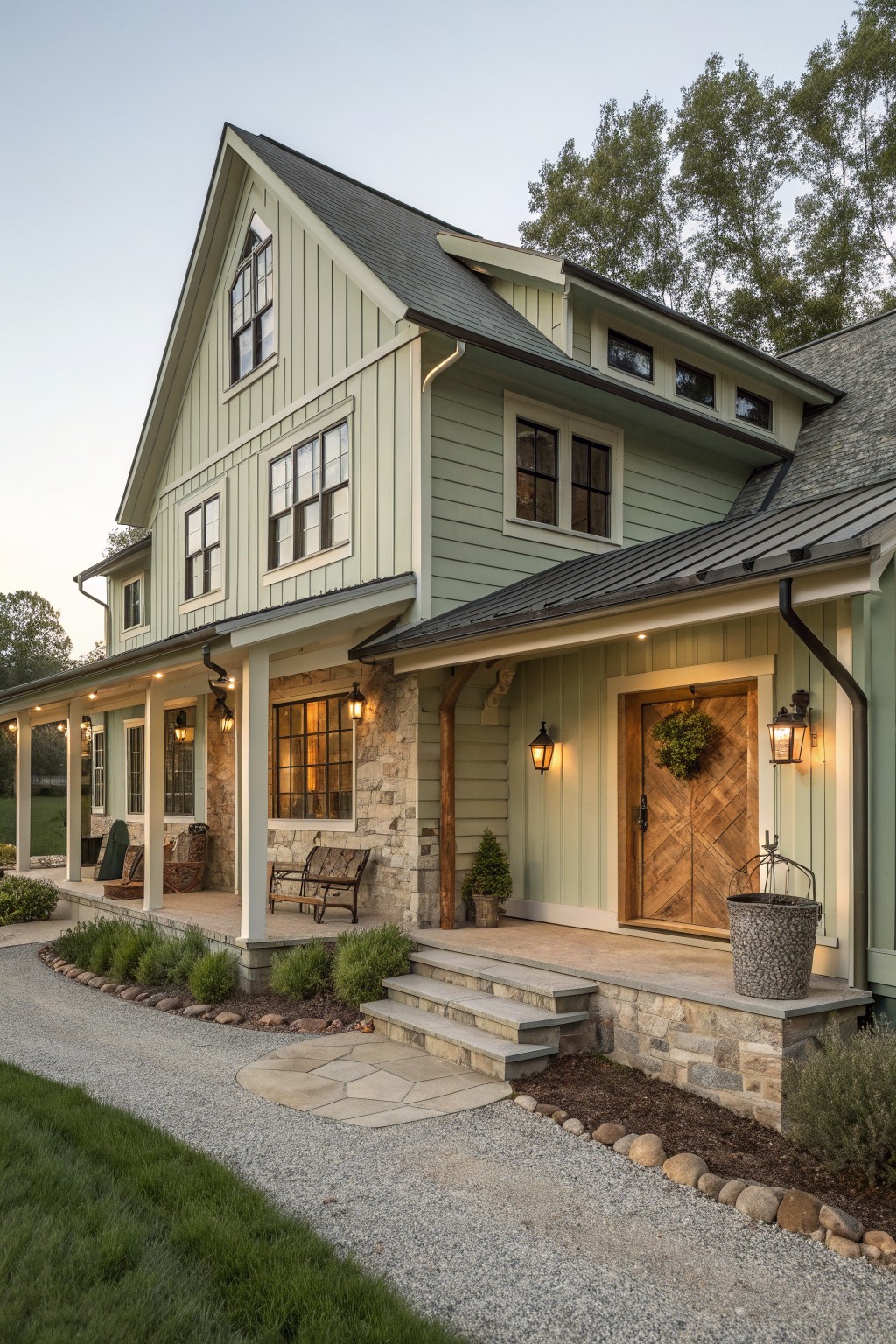 A two-story farmhouse with light green vertical siding, stone accents on the porch and lower walls, a wooden front door, and a gravel driveway leading to stone steps.