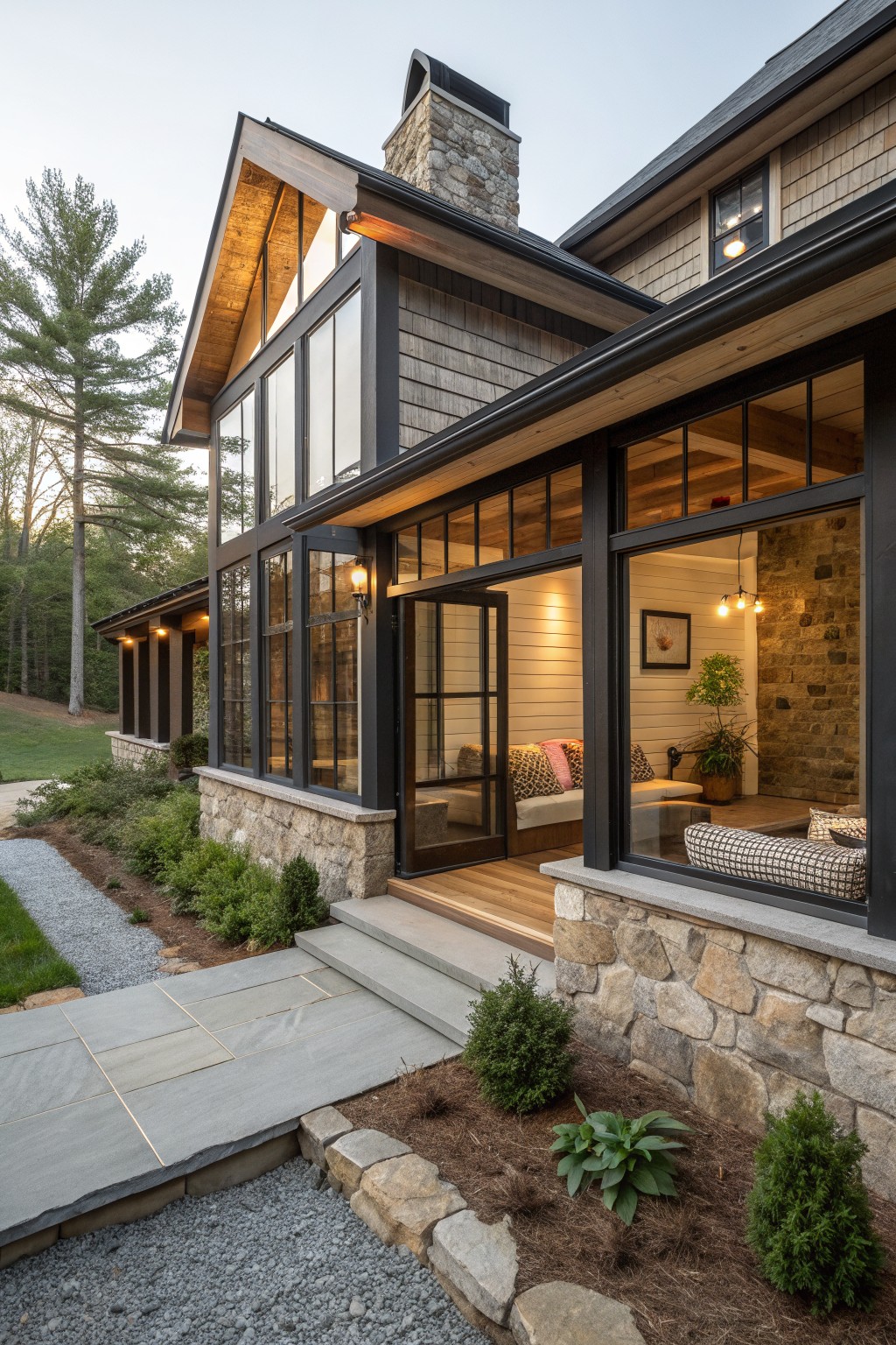A rustic farmhouse exterior with a stone foundation, wood siding, large black-framed windows, and steps leading to an open glass door.