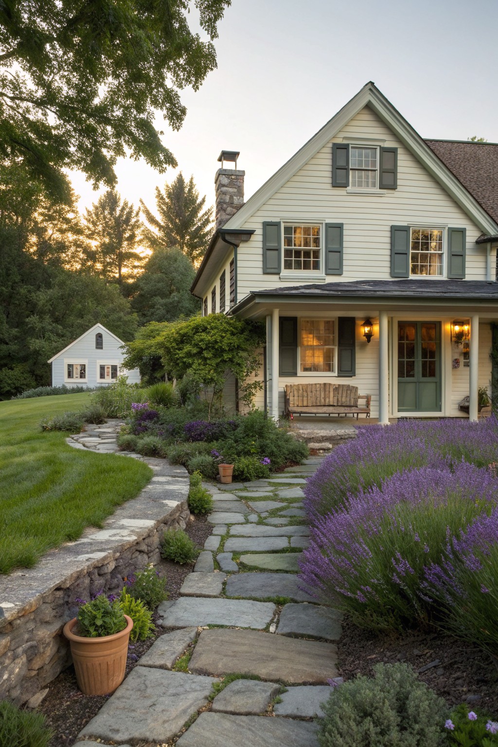 A winding stone pathway bordered by lavender leads to the front porch of a white farmhouse with green shutters.