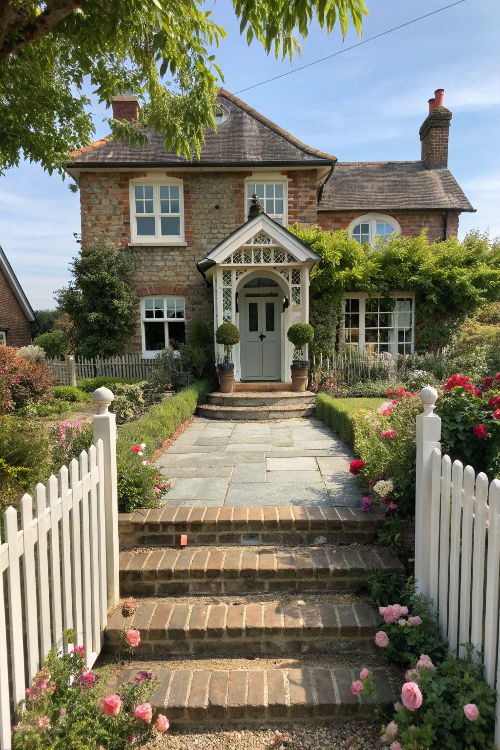 Quaint stone cottage with white porch, blooming rose garden, and stone pathway.