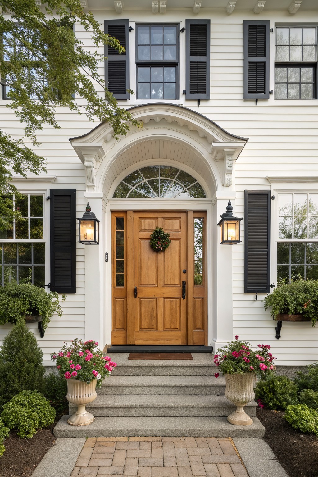 A white house with black shutters shows a wooden double door set under a large arched transom window, flanked by two lit lanterns and steps with potted pink flowers.