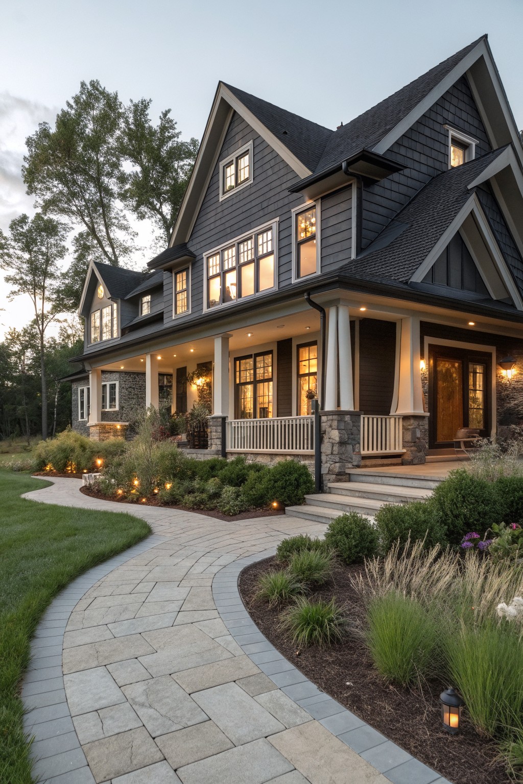 A two-story Victorian farmhouse with dark gray siding, stone foundation accents, white trim, and a curved stone pathway leading to a covered front porch.