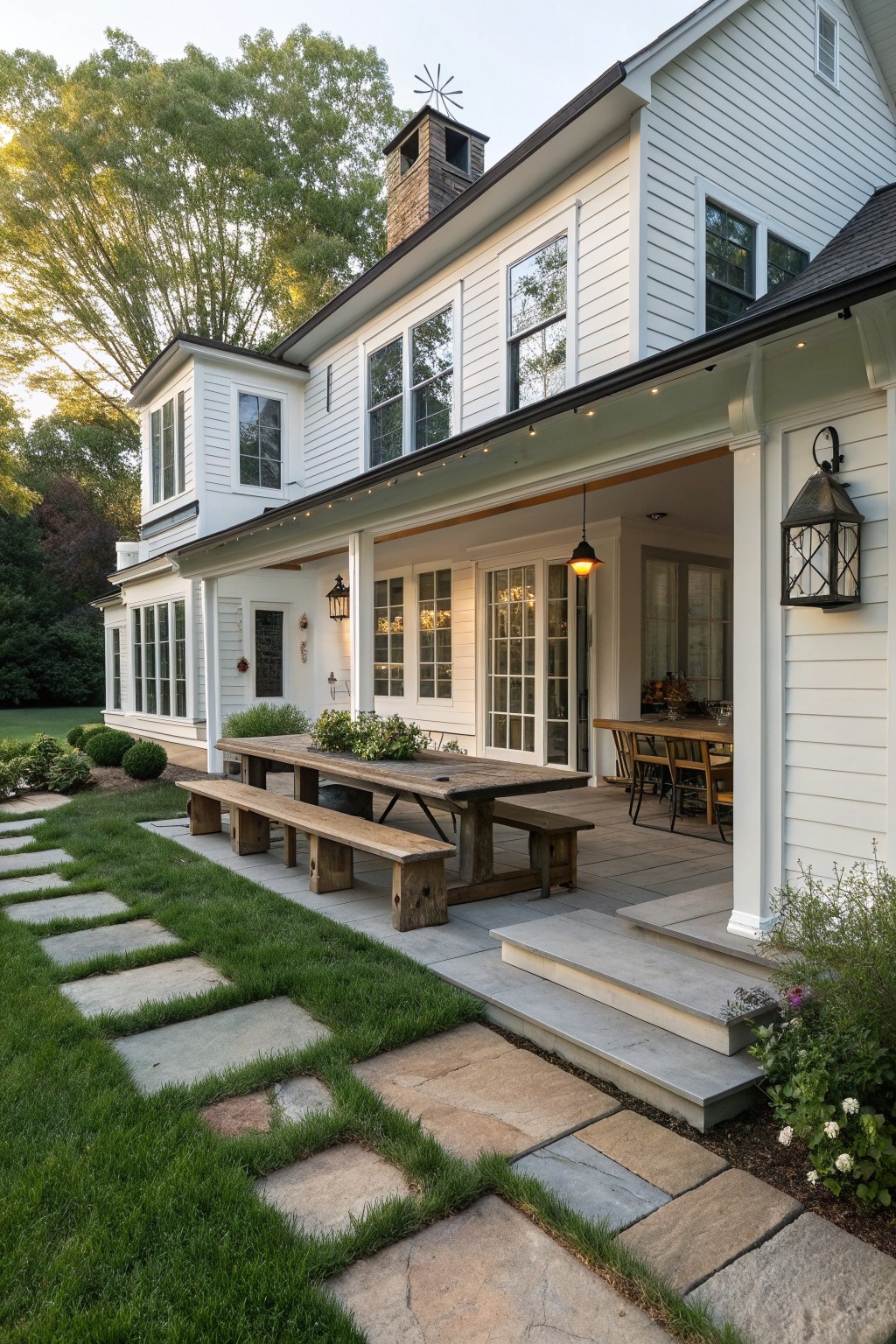 A white Victorian farmhouse exterior with a large covered porch, wooden dining table and benches, stone steps, and a stone pathway through the lawn.