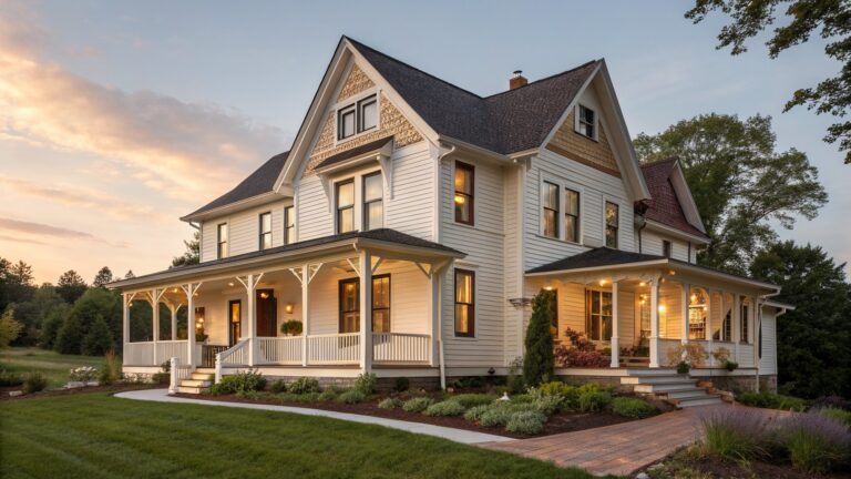 Two-story white house with wrap-around porch and lit windows at dusk