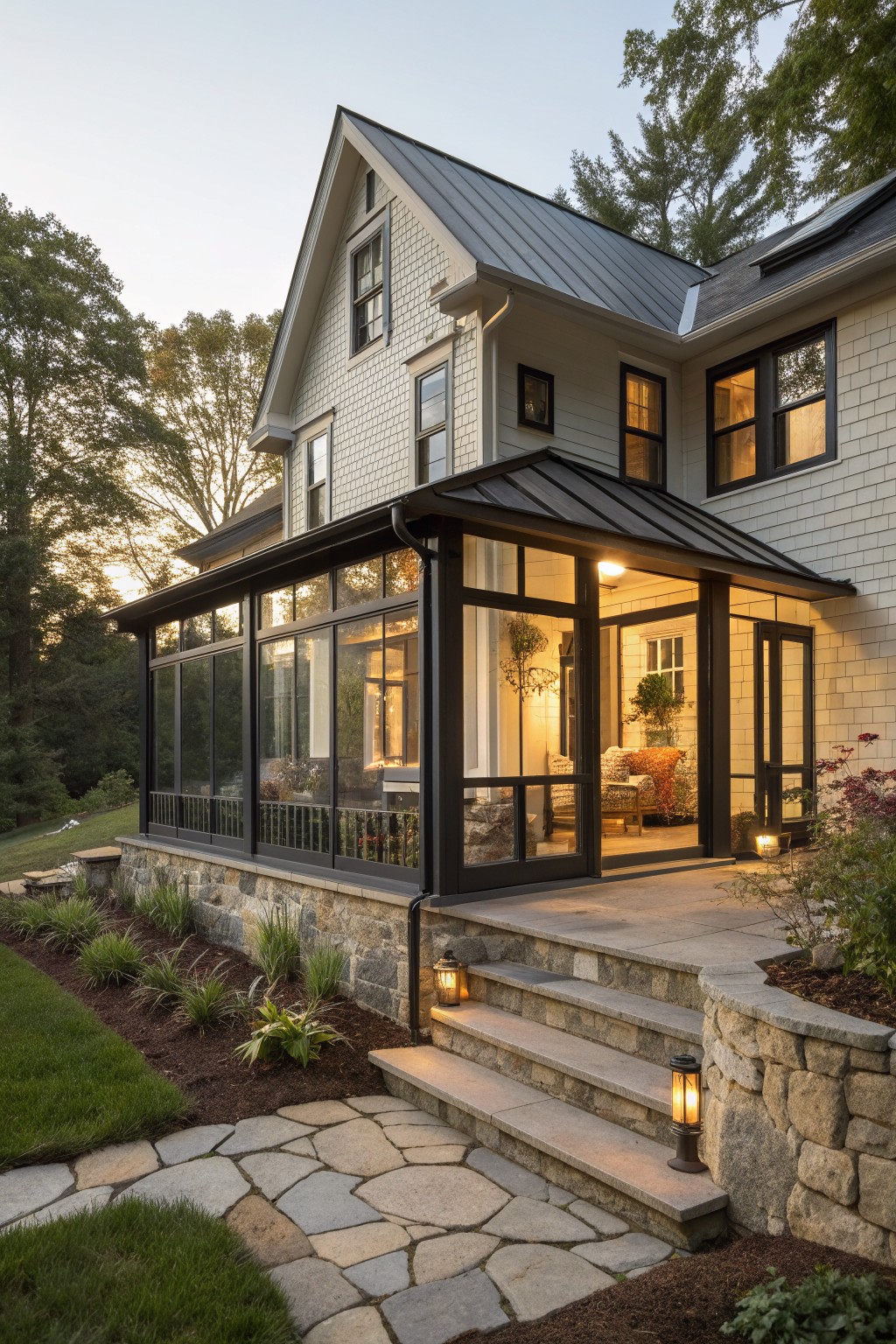 White shingled house with glass sunroom, stone steps, lanterns, and pathway at dusk
