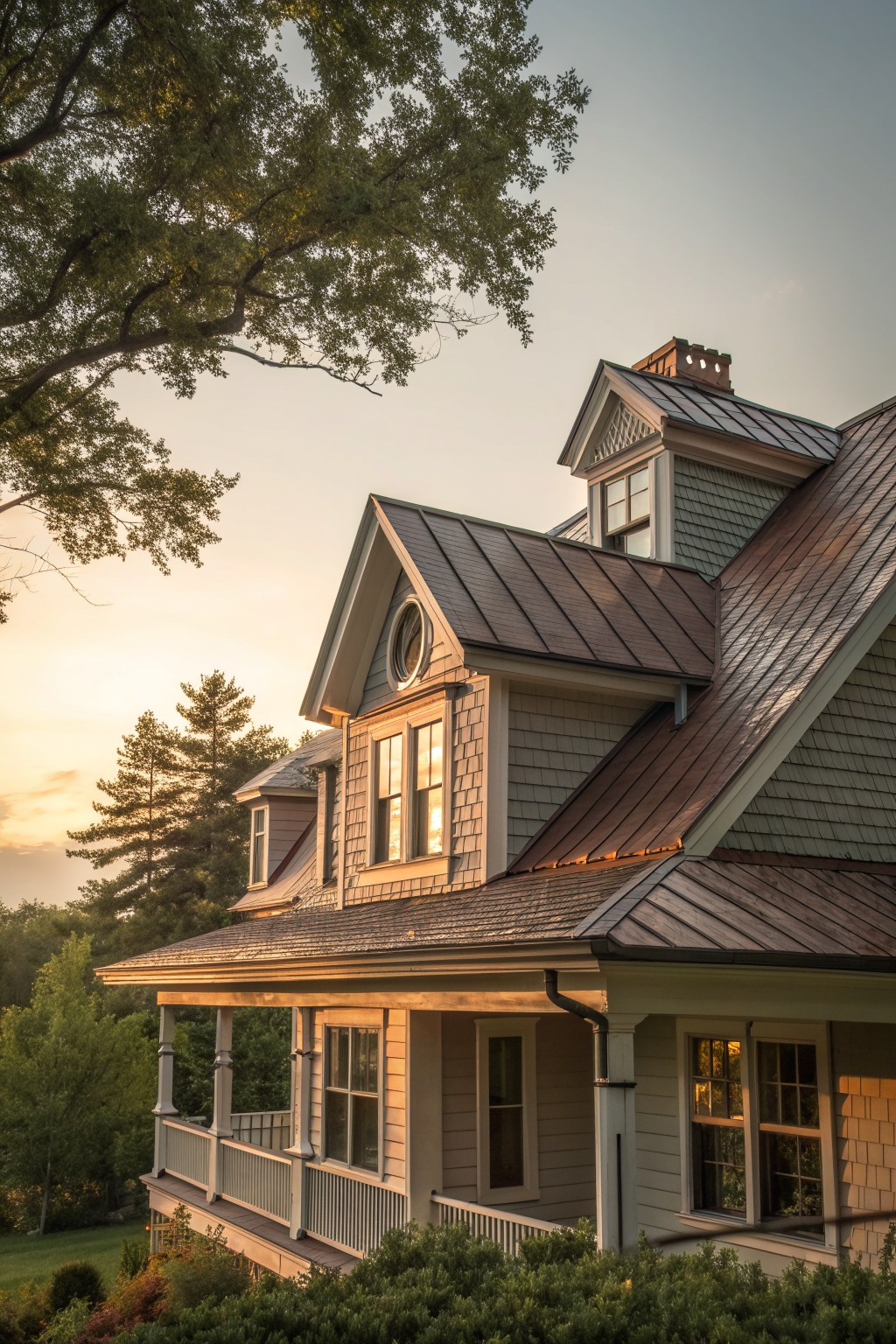 Large Victorian house with steep metal roof, dormers, and porch at sunset