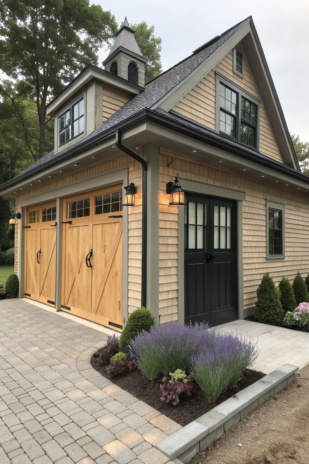 A Victorian farmhouse exterior features light shingle siding, wooden carriage-style garage doors, black double entry doors, a cupola, and a paved driveway with landscaping.