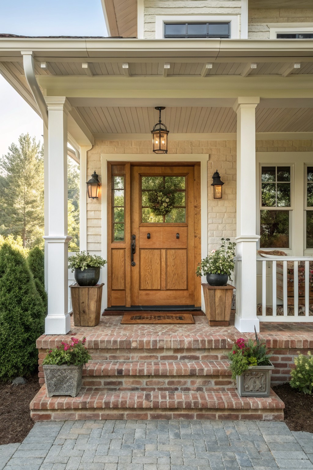 Wooden door with wreath on brick steps flanked by potted plants and white columns