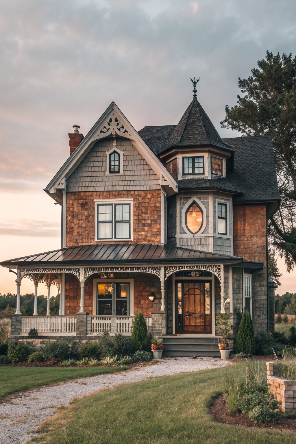 A Victorian farmhouse exterior with mixed gray and brown wood shingles, a covered porch, a turret, and a gravel path leading to the front steps.