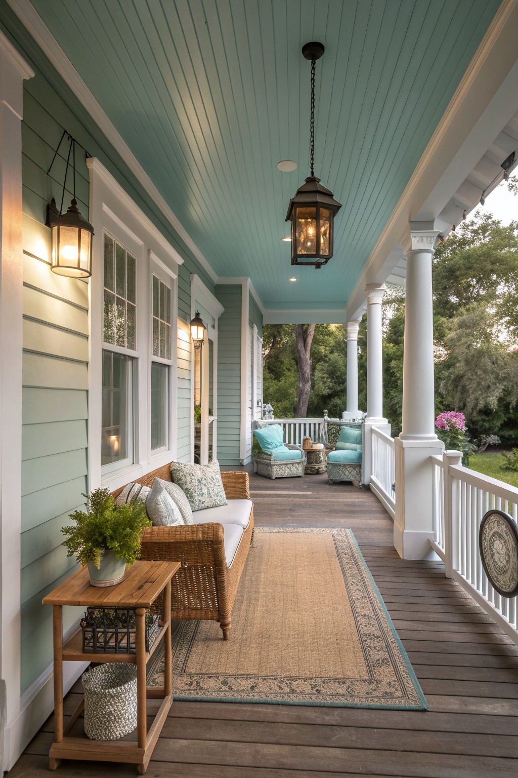 Cozy porch with wicker sofa, turquoise ceiling, white columns, and hanging lantern