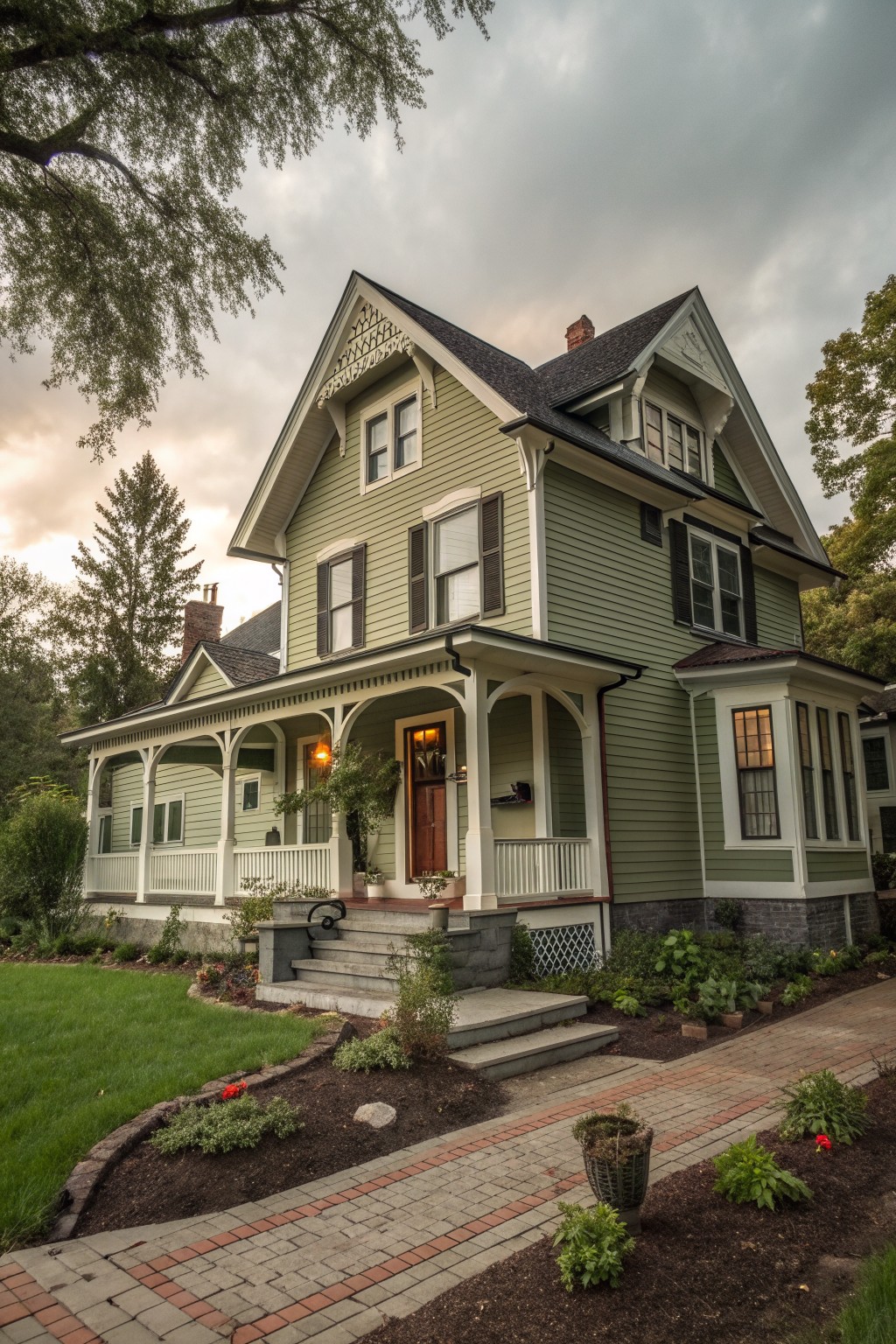 Large light green Victorian house with white porch and brick walkway