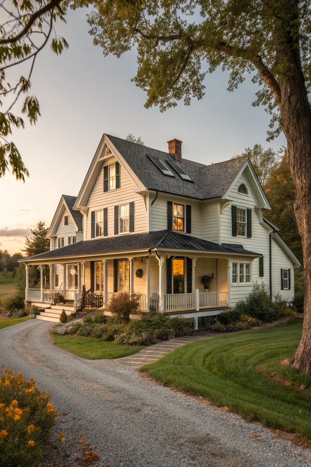 A white Victorian farmhouse with black shutters, a wraparound porch, and a gravel driveway curving past the front lawn.
