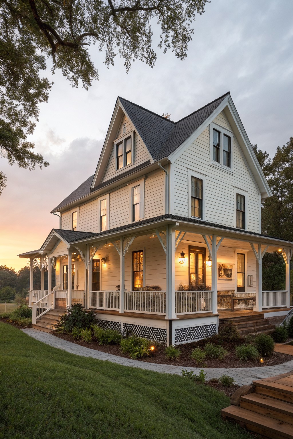 Two-story white house with wrap-around porch and lit windows at dusk