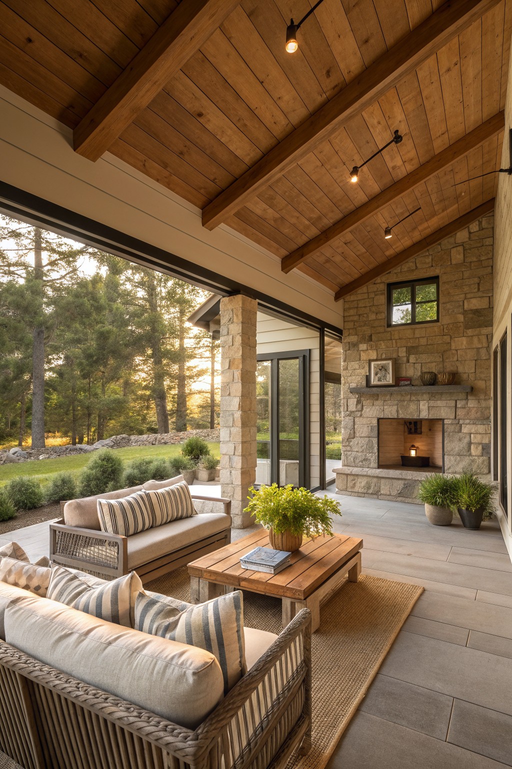 A covered porch with a large stone fireplace, wooden ceiling beams, and outdoor seating arranged around a coffee table.