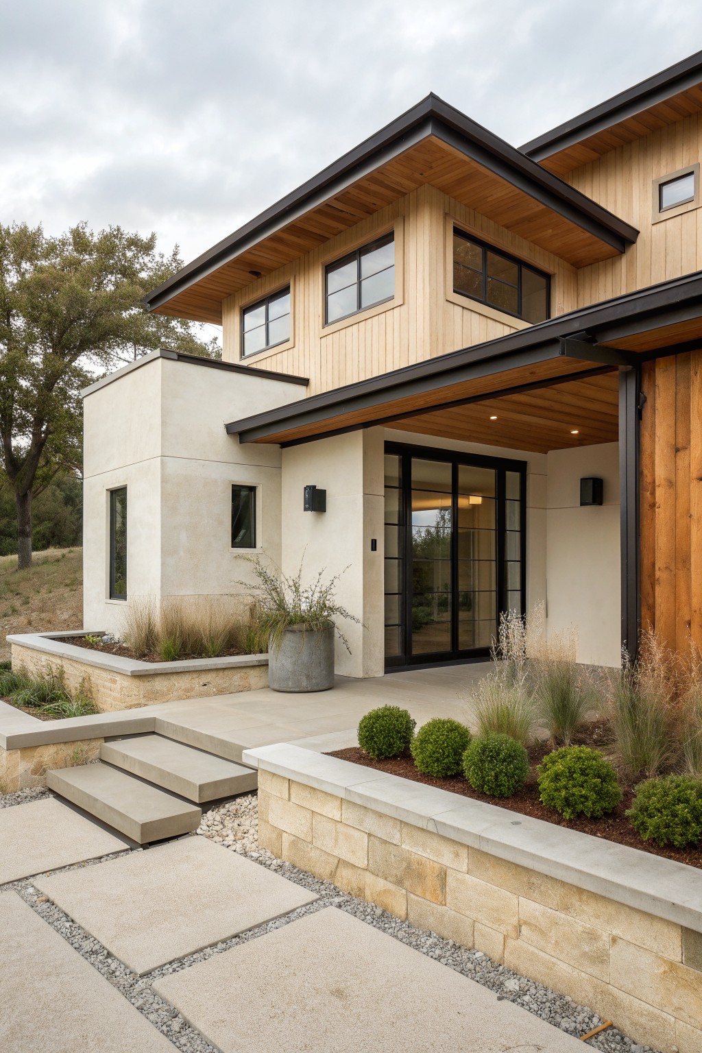 Modern barn house exterior showing light wood siding on the upper level, stucco walls below, a wide covered entry with black-framed glass doors, concrete steps, and low landscaping beds.
