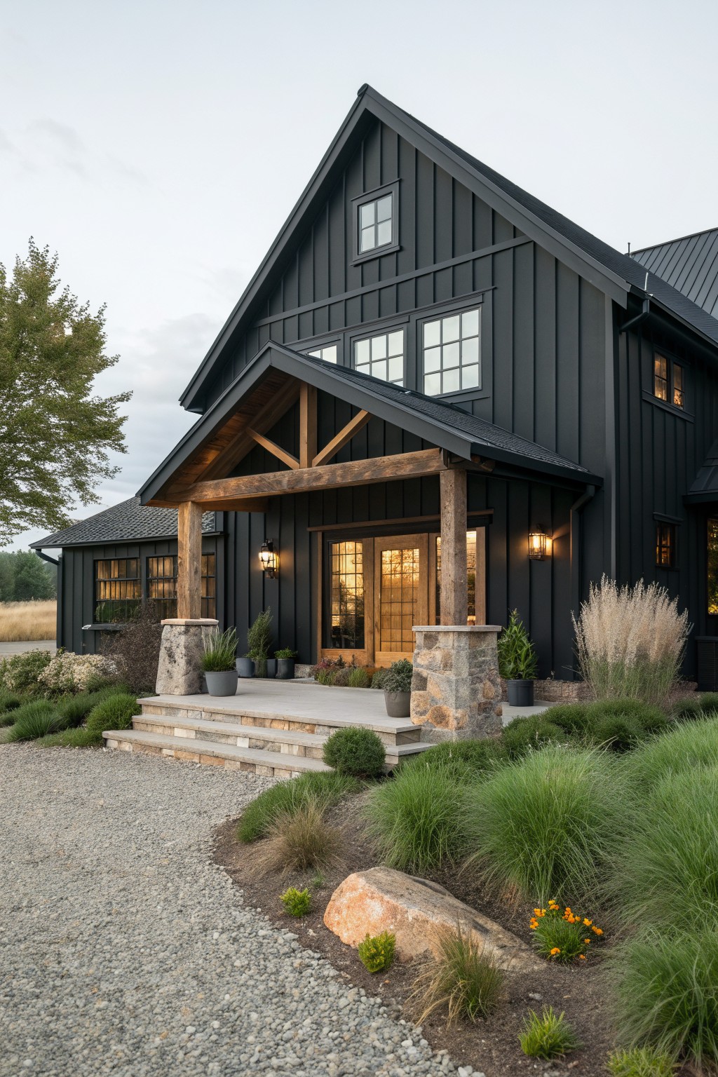 A dark modern barn house with vertical siding, a gabled roof, and a covered front porch supported by wooden beams on stone pillars.