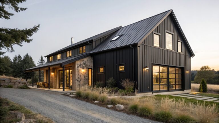 Modern dark gray barn house with lit windows, stone accents, porch, and gravel drive at dusk