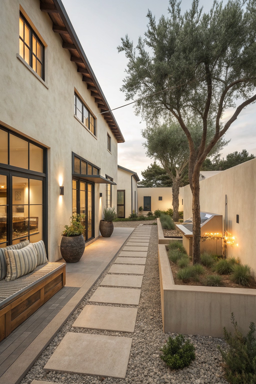 A modern stucco house exterior with dark-framed windows, a gravel path of large rectangular pavers, and raised garden beds with trees and outdoor lighting.