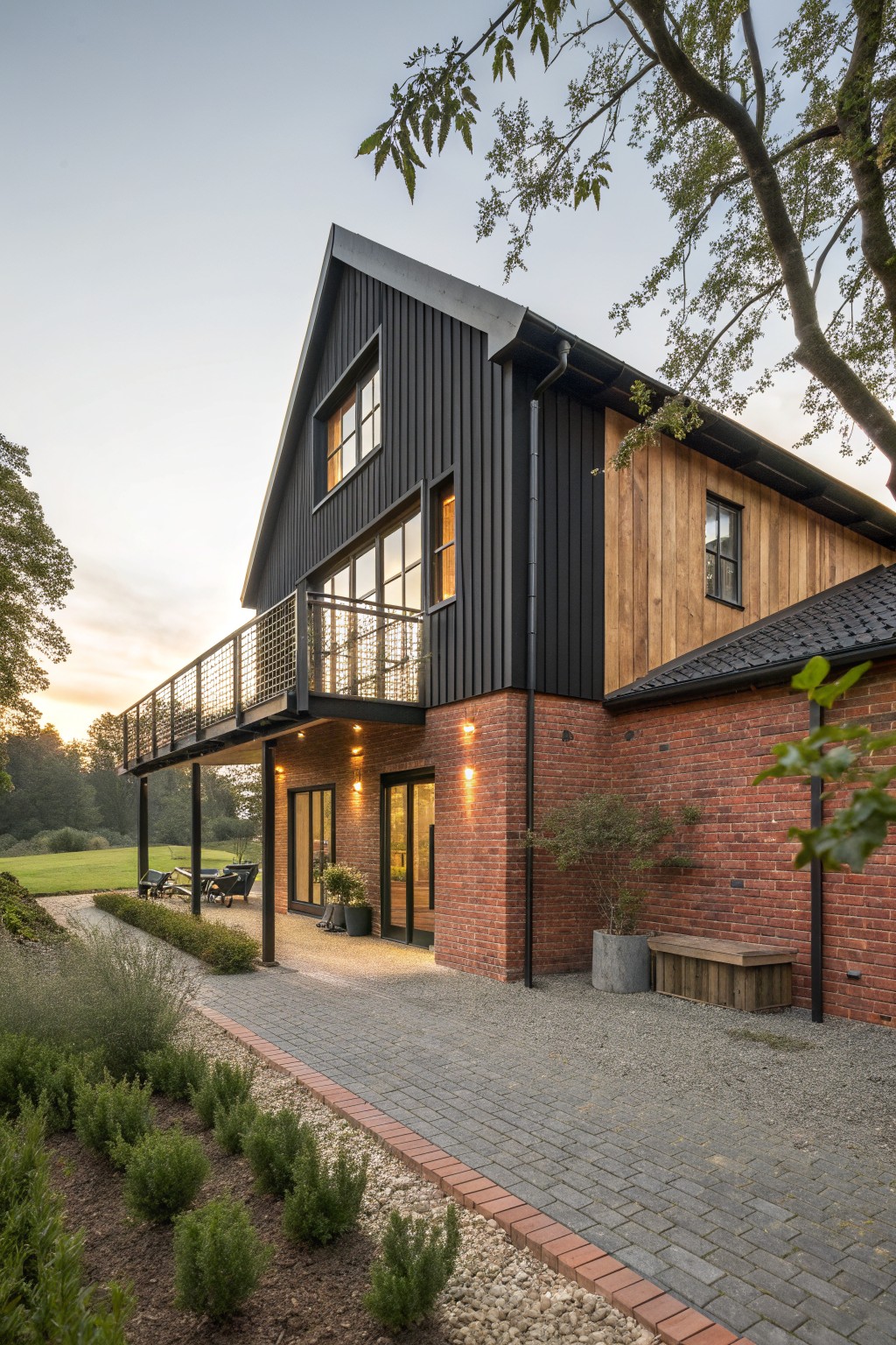 A modern barn house with red brick on the lower level, black vertical siding above, a metal balcony, and gravel landscaping in front.