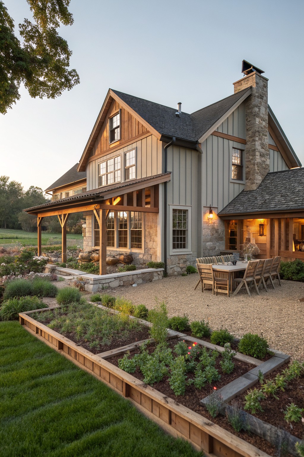 A modern barn house exterior with gray siding, wood trim, stone chimney and base, a gravel patio with dining table, and raised garden beds in the foreground.