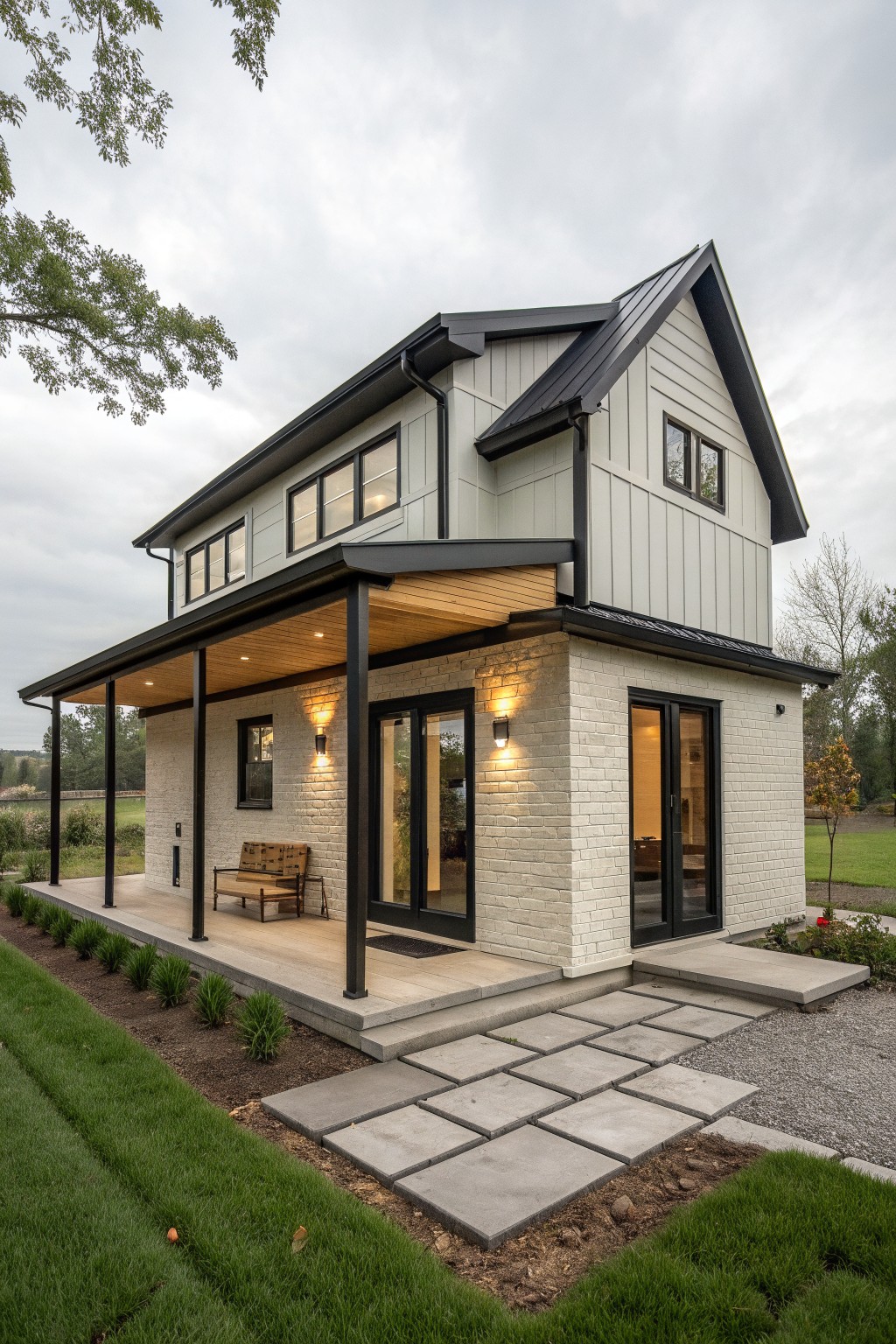 A modern two-story barn-style house with white brick on the lower level and light siding above, black trim and metal roof, a covered porch with bench, and a stone pathway leading to the front.