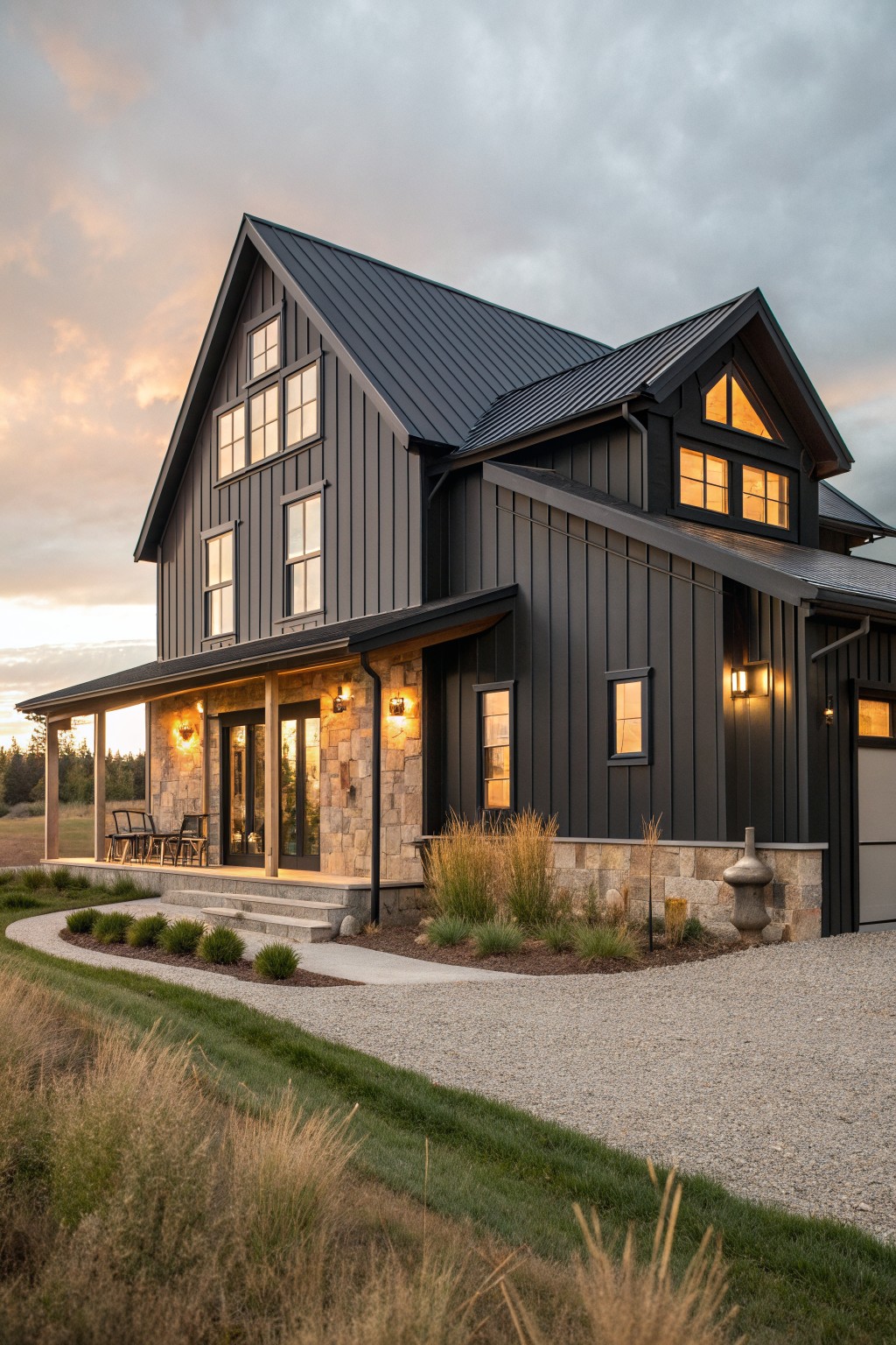 Modern dark gray barn house with lit windows, stone accents, porch, and gravel drive at dusk