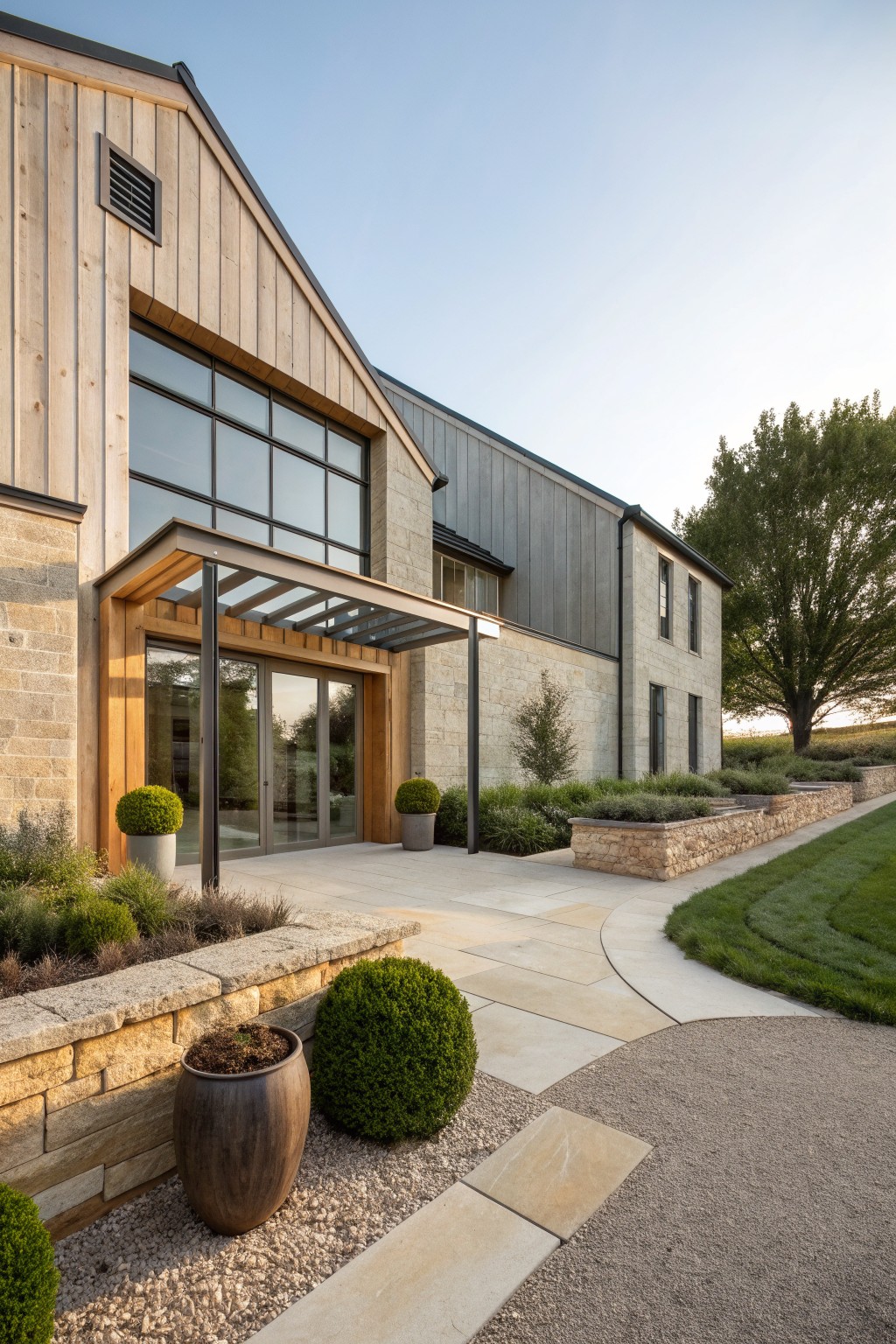 A modern barn-style house with wood siding on the gable, stone walls, large divided windows, a covered entry, and a stone pathway with potted plants and gravel landscaping.