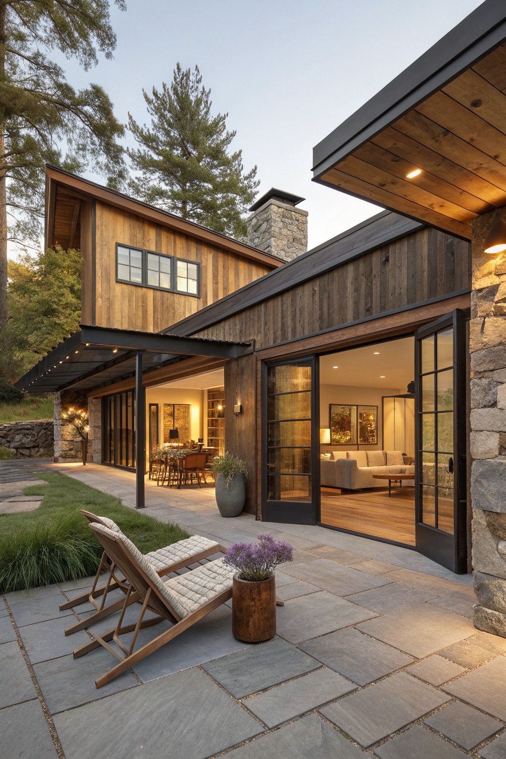 A modern barn-style house exterior with horizontal wood siding in varied tones, a stone chimney, dark metal roof, and large glass doors opening onto a stone patio with two wooden lounge chairs.