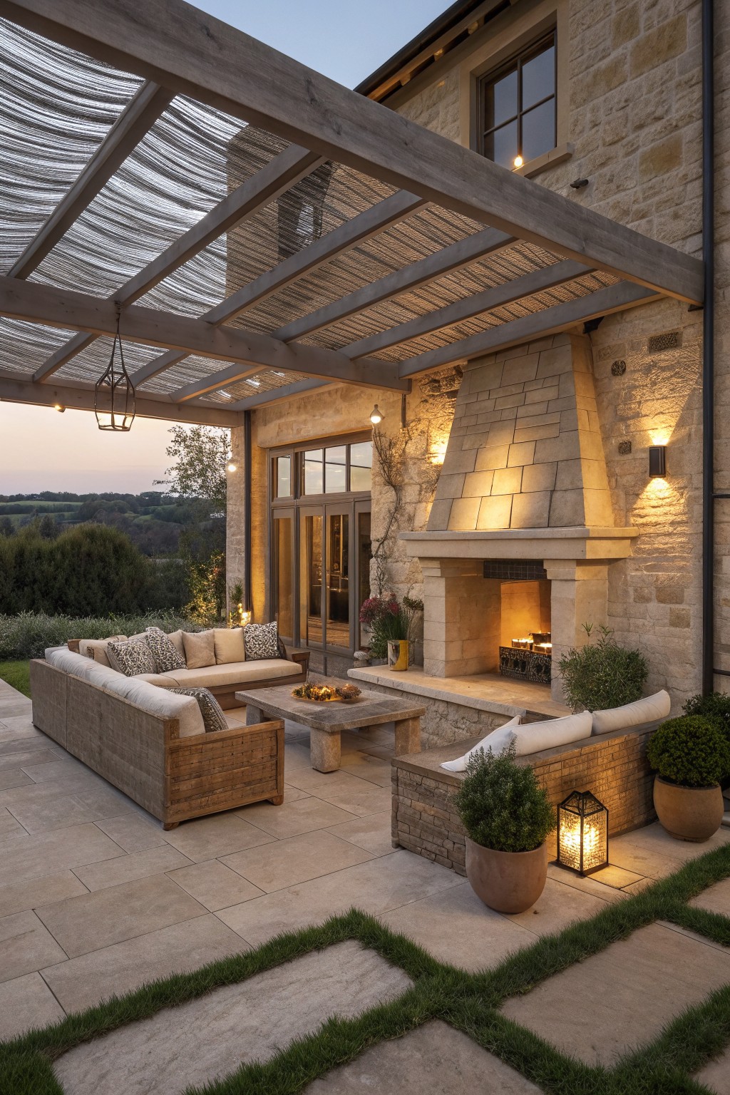 A limestone farmhouse patio with a built-in stone fireplace, wooden pergola overhead, upholstered sofa, coffee table, and potted plants on a stone-paved surface.