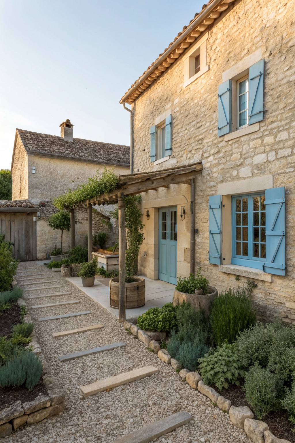 Stone house with blue shutters beside gravel path, pergola and potted plants