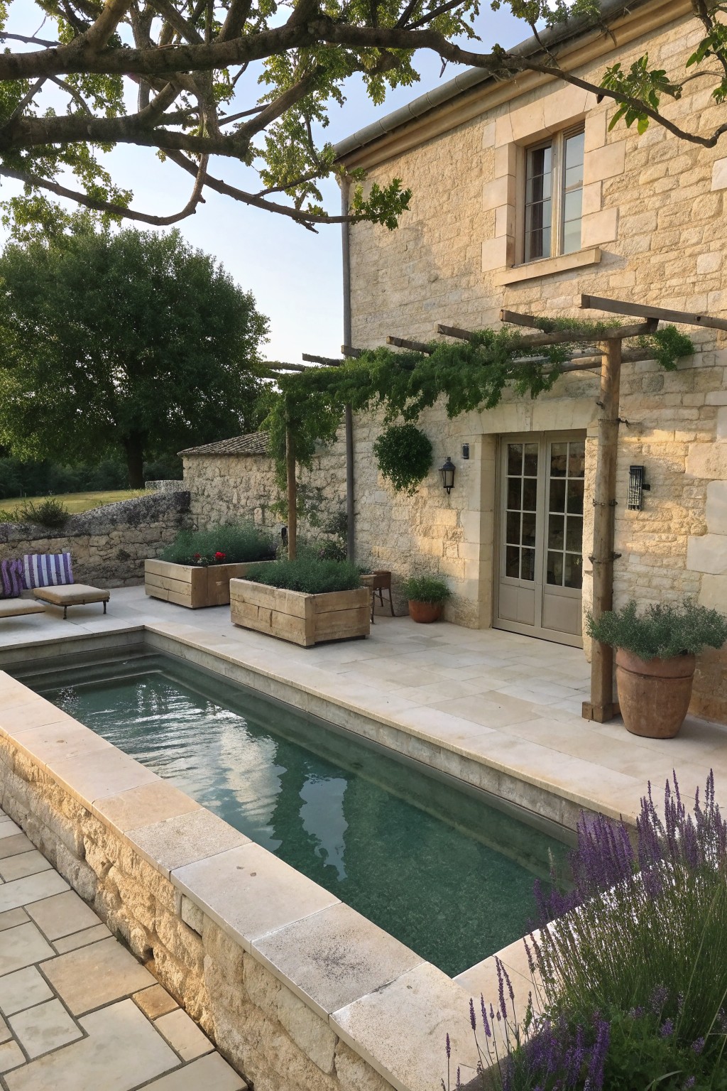 Stone house with rectangular pool, wooden planters, pergola, and lavender plants
