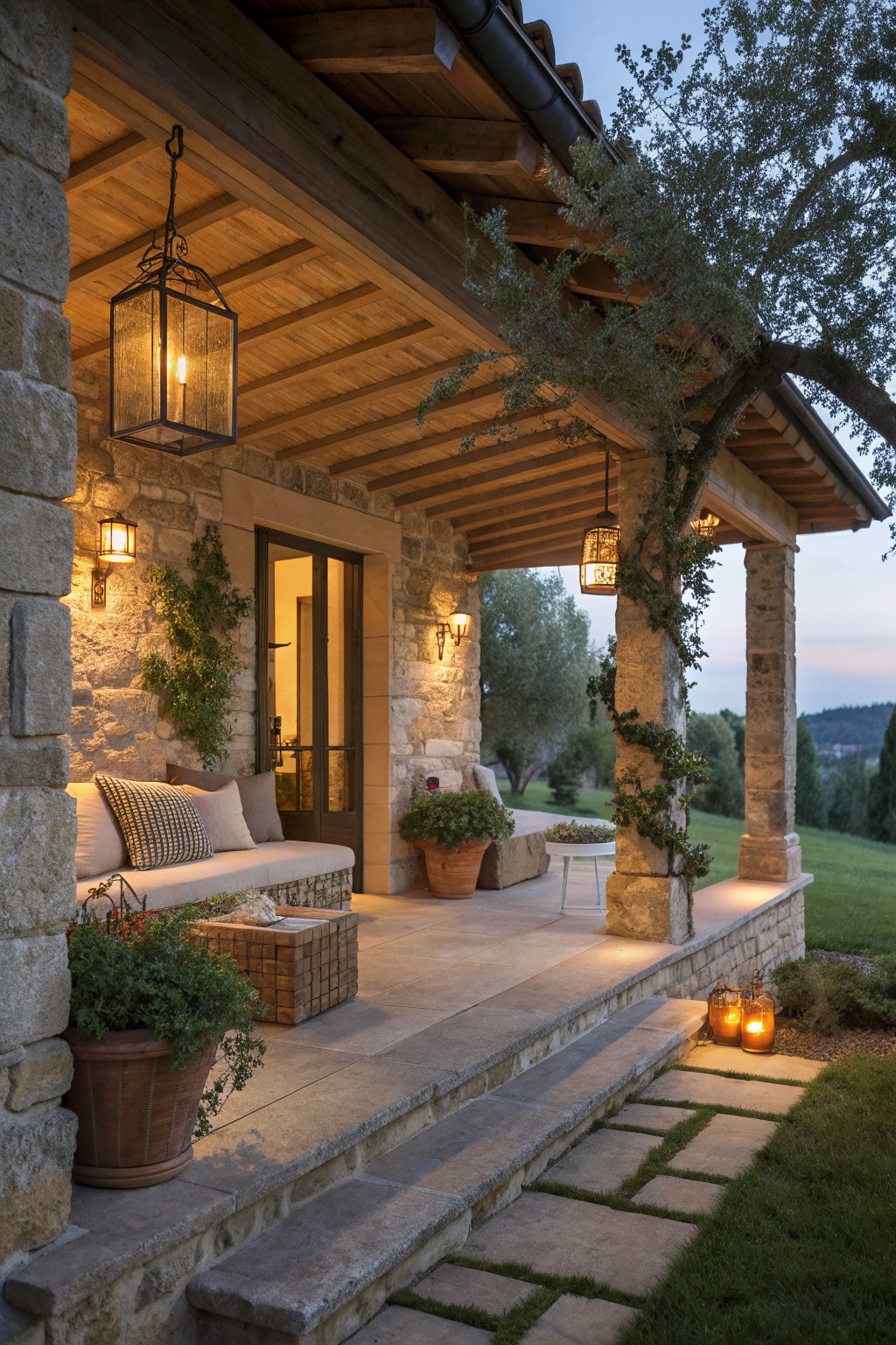 A stone farmhouse porch at dusk with wooden ceiling beams, hanging lanterns, a cushioned bench against the wall, potted plants, and steps leading to a grass path.