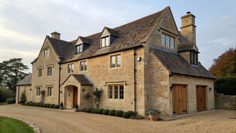 A large limestone farmhouse exterior with a sloped roof, multiple windows, a wooden front door, and an arched wooden double door.